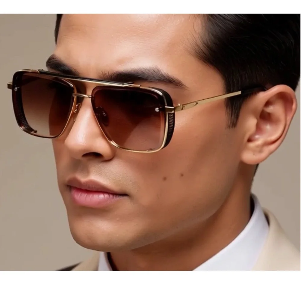 Square Aviator Sunglasses Gold Frame Brown Gradient Lens Fashion‎ Shades Classy